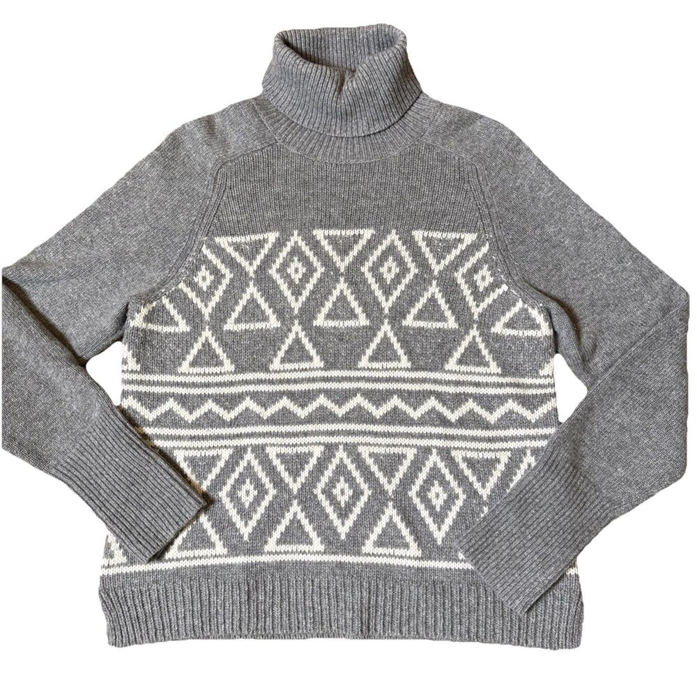 J Crew Cashmere Blend Turtleneck Sweater Black Label Gray Fair Isle Argyle Sz M